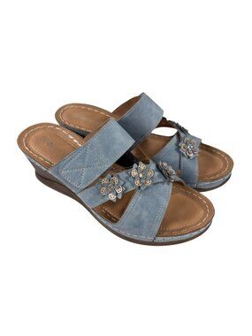 Patrizia by Spring Step Women Size 10 Lyndsay Wedge Sandal Blue Vegan Leather